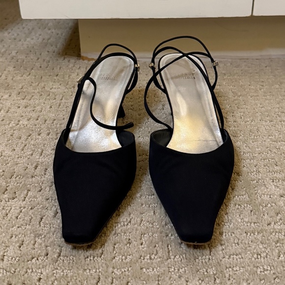 Stuart Weitzman Black Satin Slingback Kitten Heels 10.5M Rhinestone Strap - Picture 2 of 9